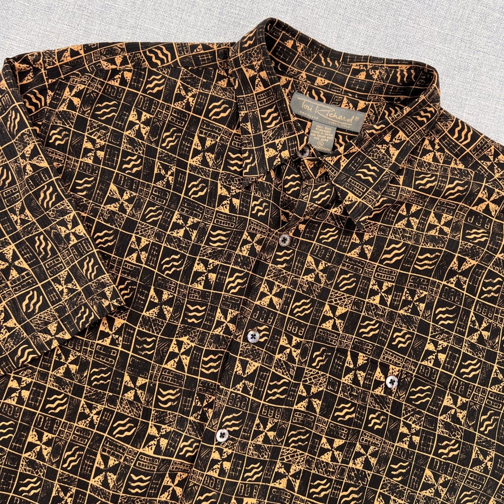 Tori Richard Silk Hawiian Tribal Aloha Shirt Men XL Black‎ Tan Tropical Resort